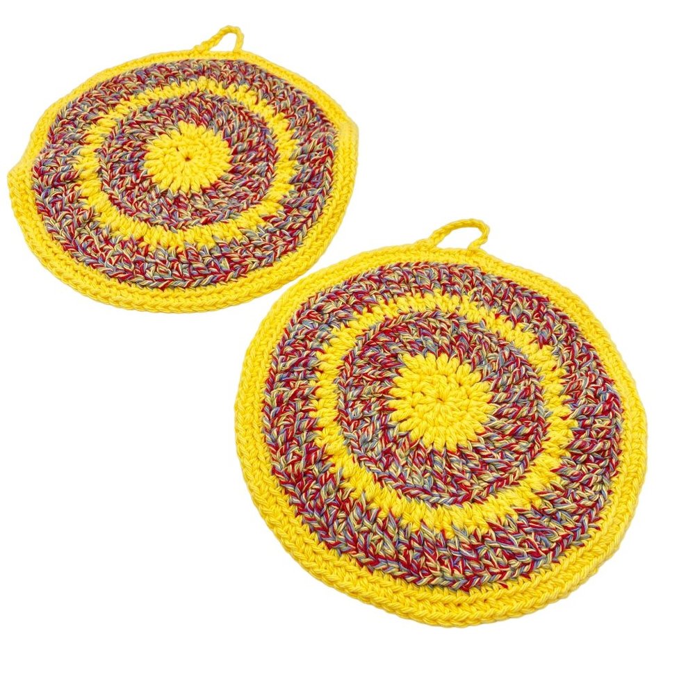 Crochet pot holders‎ trivets yellow hanging vintage kitchen handmade